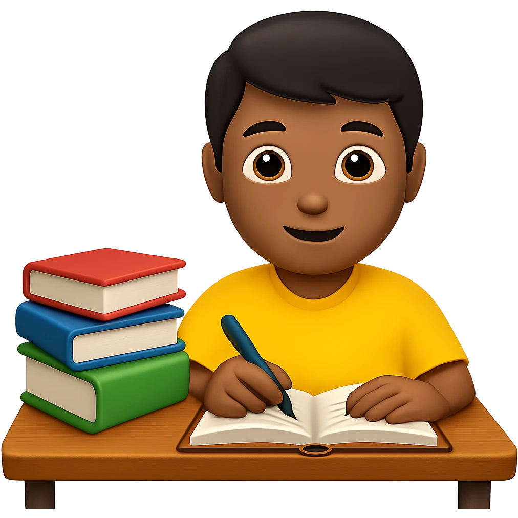 Edit the image to depict a student working at a desk with a stack of books on the desk in the style of apple emojis. Maintain the apple emoji style and add a stack of books on the desk clearly visible. emoji
