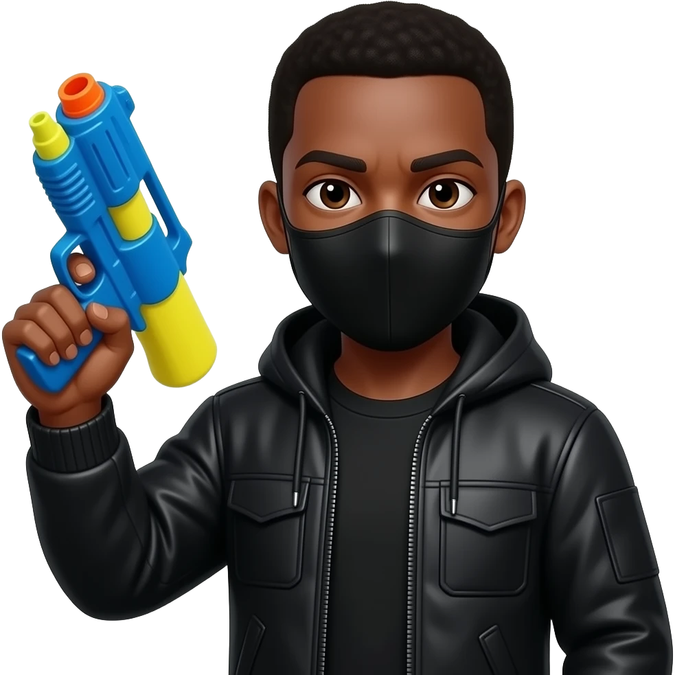 Make him appear to be African-American in all black, but make him holding a water gun wearing a mask emoji