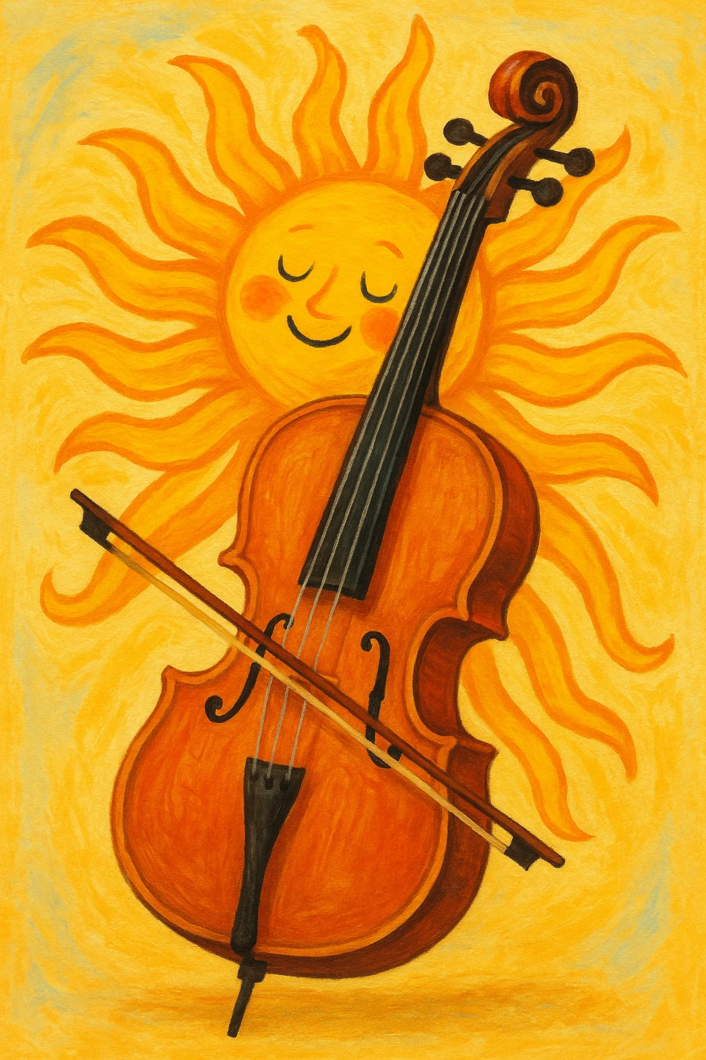 A whimsical fusion of a violoncello and a bright summer sun, with cello body morphing into sun rays, cheerful and imaginative. emoji