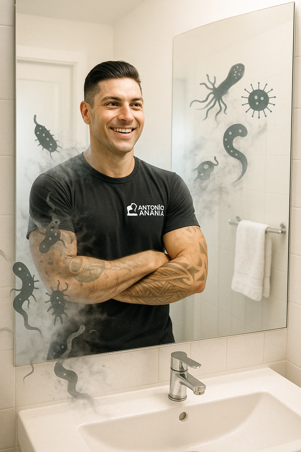 a man stands, looking relieved and revitalized as he examines his reflection in the mirror. In the foreground, stylized, shadowy images of parasites (such as worms or protozoa) are shown leaving his body, dissolving into mist or fading away. His posture is upright and his expression is one of newfound energy and health. emoji