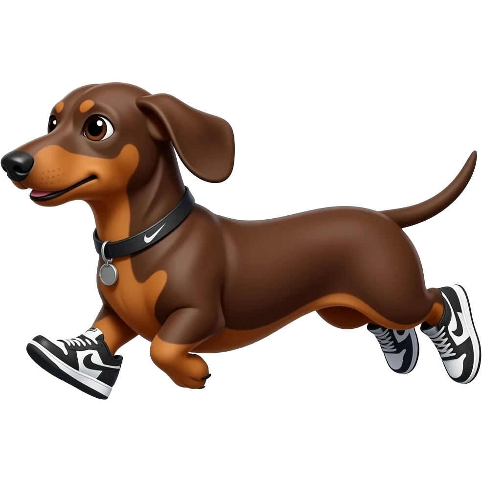 Perro salchicha color chocolate corriendo usando tenis Nike emoji
