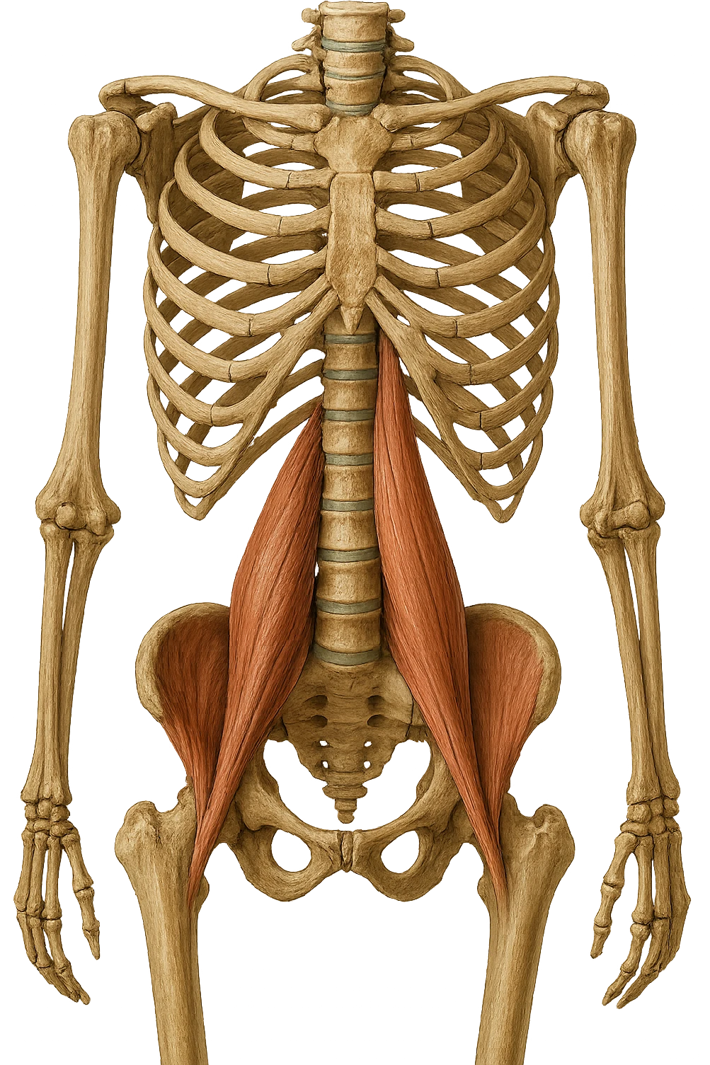 fai un immagine identica che riguarda IL MUSCOLO PSOAS i in evidenza (anatomicO) con colori naturali di un corpo umano. falla iperrealistica anatomica in 4k emoji