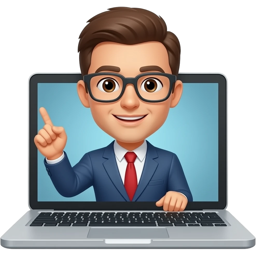 Online course, laptop screen with a person emerging teaching something emoji