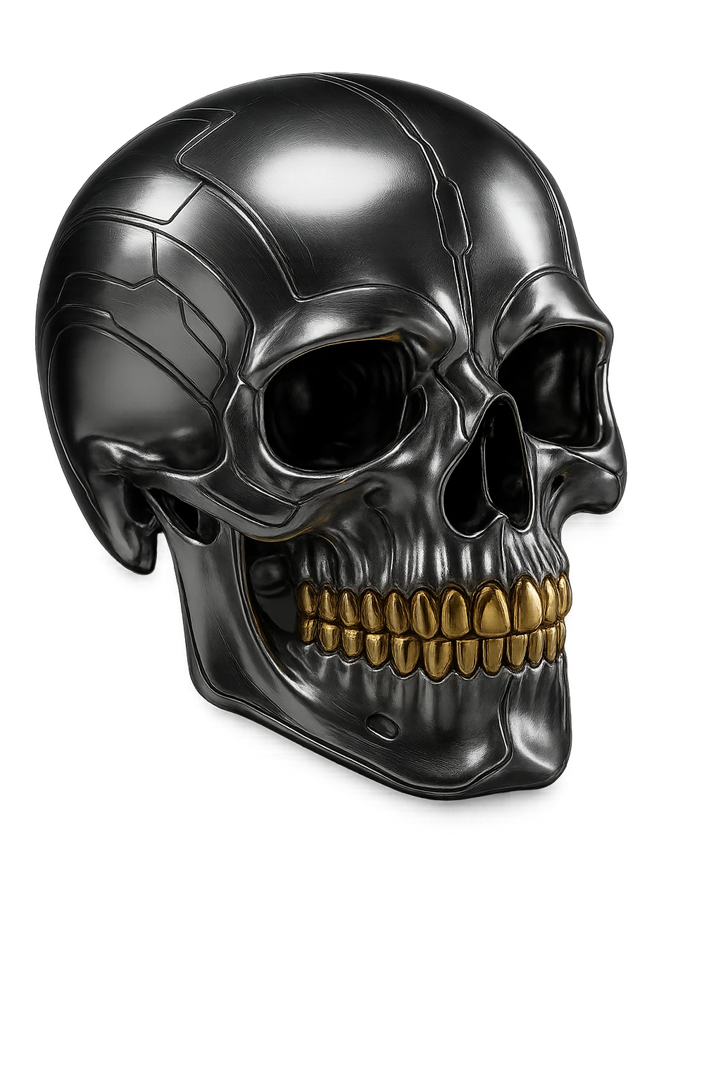 Add gold teeth to the 3d metallic chrome skull, keep the reflective futuristic look, with no background. emoji