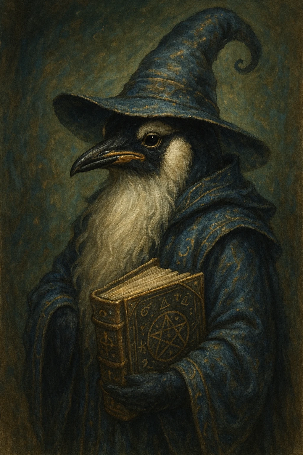 a wise penguin wizard with a long beard, holding an ancient book, fantasy illustration style emoji