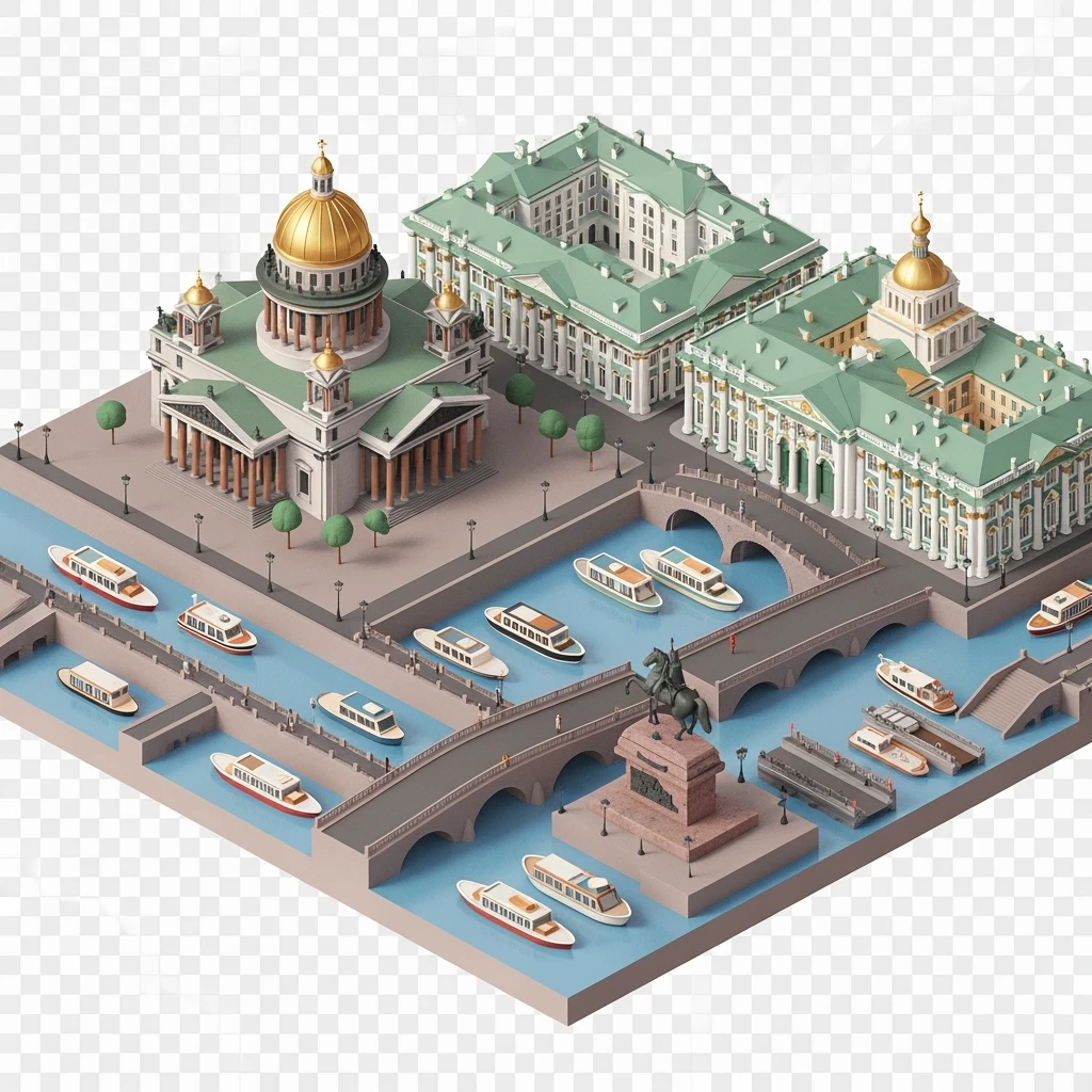 Isometric illustration of Saint Petersburg with the Saint Isaac’s Cathedral, the Winter Palace, and the Bronze Horseman statue and canals, toy boats and bridges, in pastel miniature diorama style, transparent background emoji