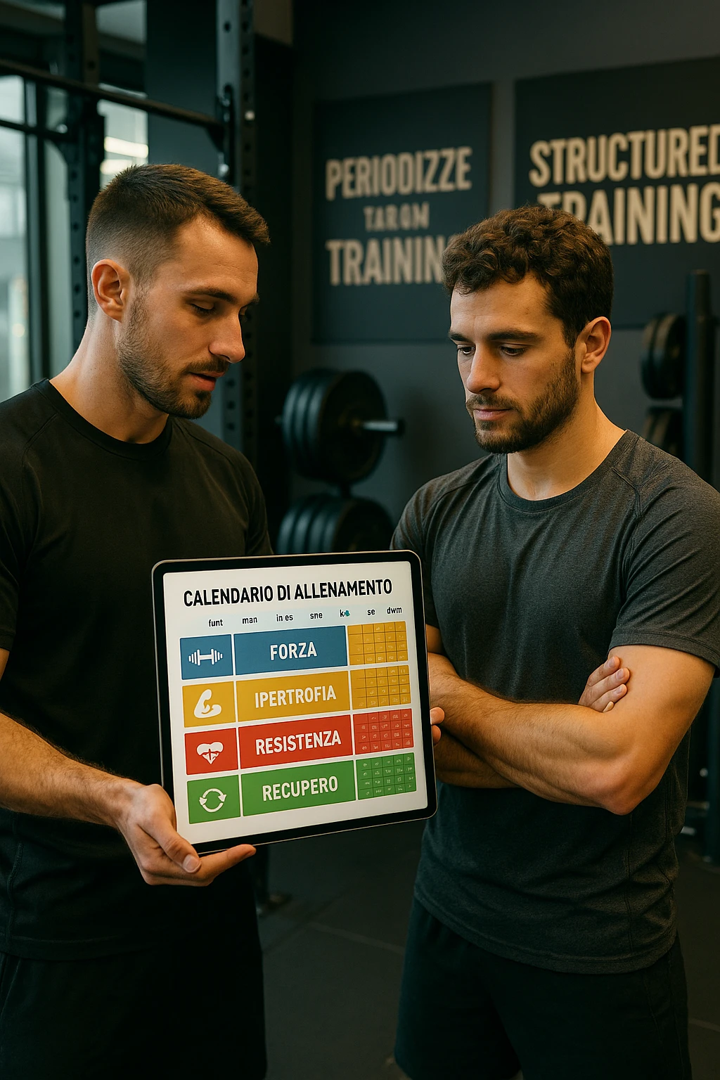 realistic cinematic photo a personal trainer and a client stand in a modern gym, reviewing a large, color-coded training calendario or chart on a tablet. The calendario shows different phases (Forza, Ipertrofia, Resistenza, Recupero) with icons and dates. Around them, gym equipment and motivational posters reinforce the idea of structured, periodized training. in italiano emoji