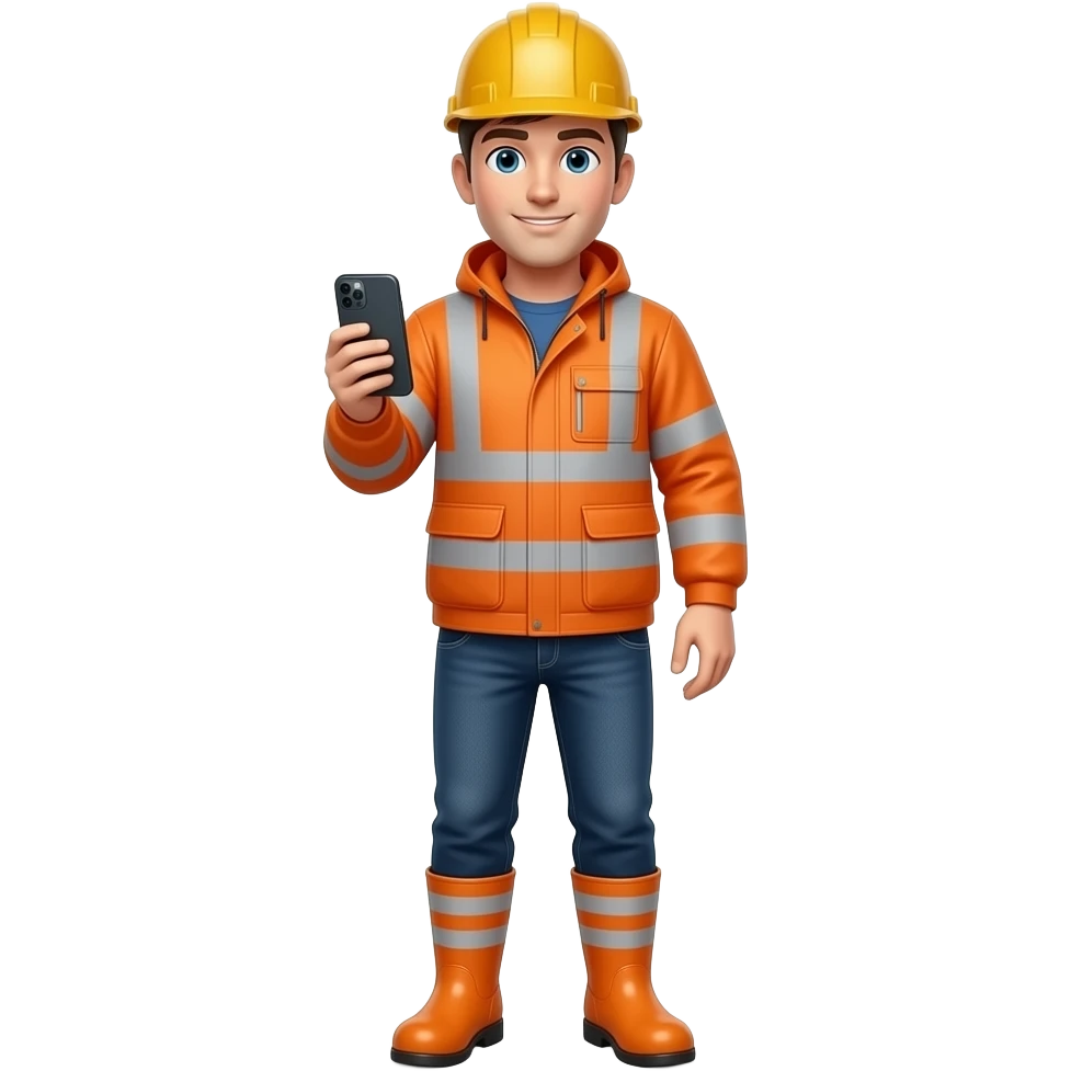 engineer in full Hi-vis orange clothing and boots holding a mobile phone emoji