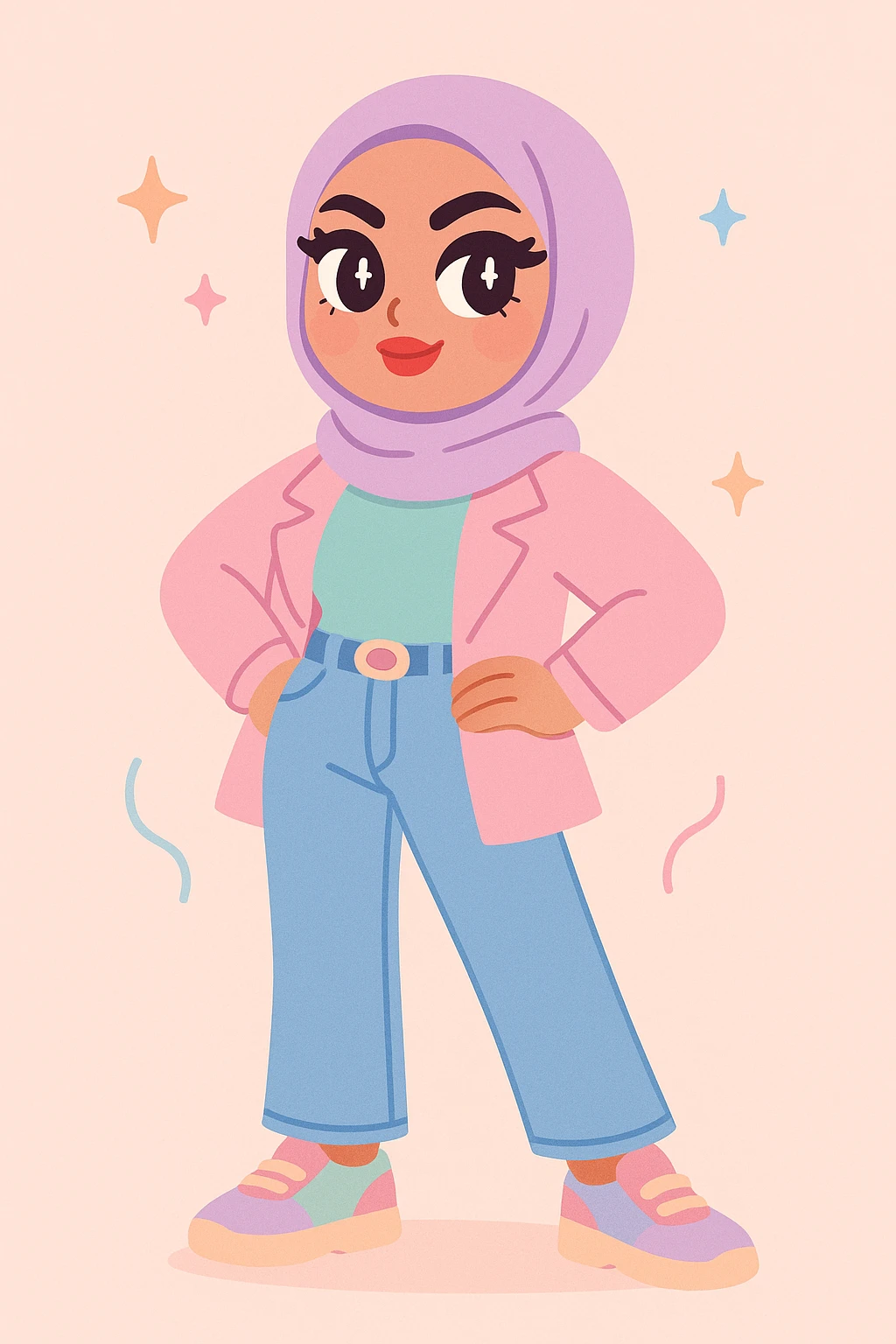 baddie hijabi, confident pose, bold makeup, trendy outfit, stylish hijab, modern fashion, attitude, vibrant colors emoji