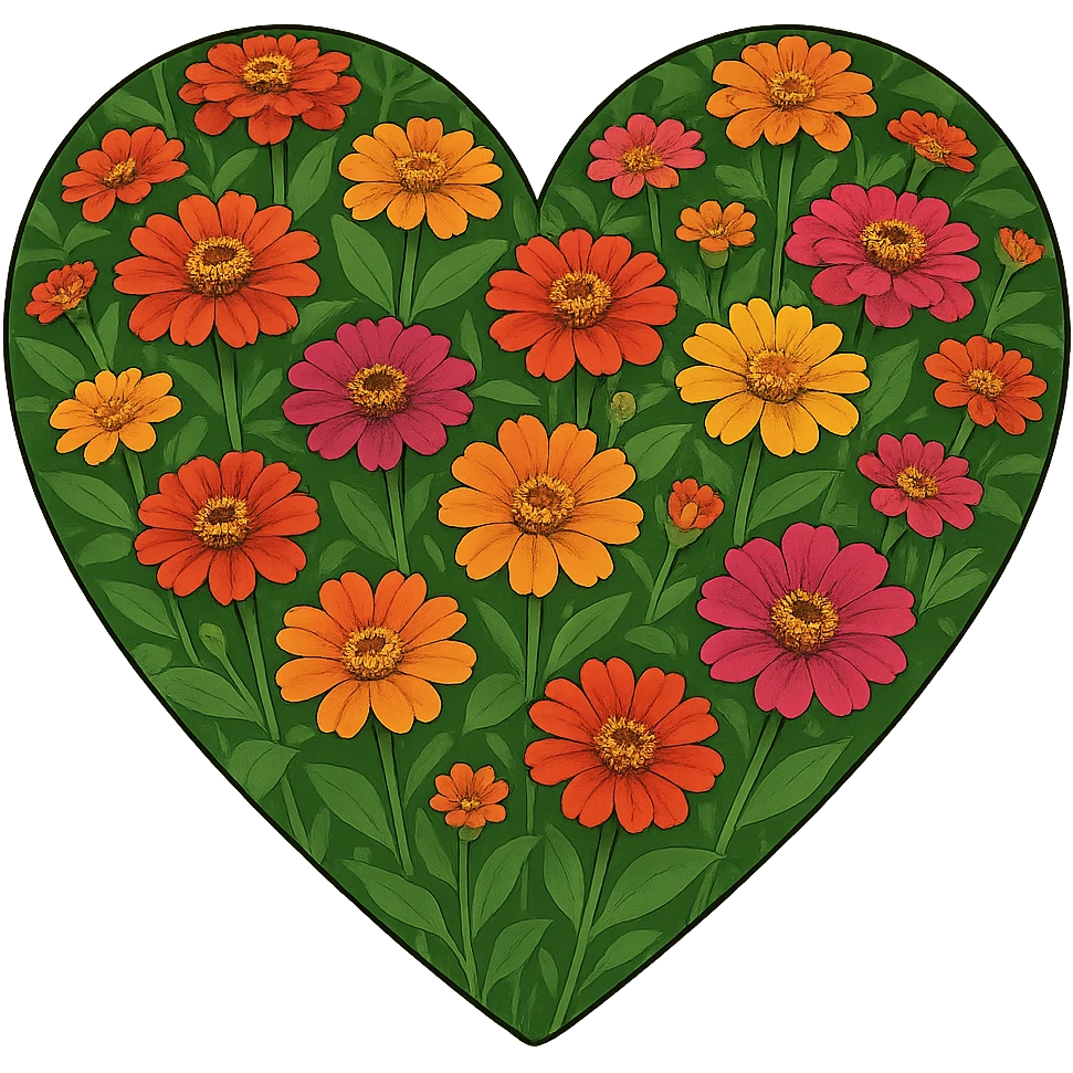 heart with a vibrant zinnia field, clean digital illustration, no background emoji