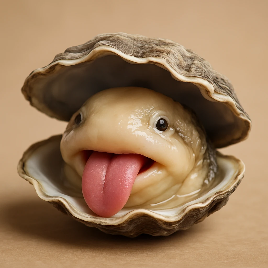 A cute oyster sticking out its tongue, in photorealistic style. emoji
