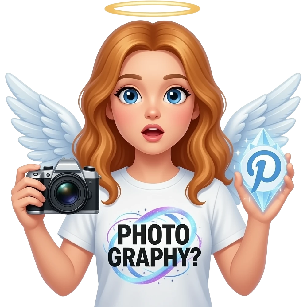 An ethereal blue eyes, glowing amber hair, angel, hand made of starlight holding a crystalline Pinterest logo on the right hand, a camera on the left, surprised, pointing at icon. A black decorative text: 'PHOTOGRAPHY?' on center of t-shirt. Glowing nebula colors, isolated on white, bold 3D icon emoji