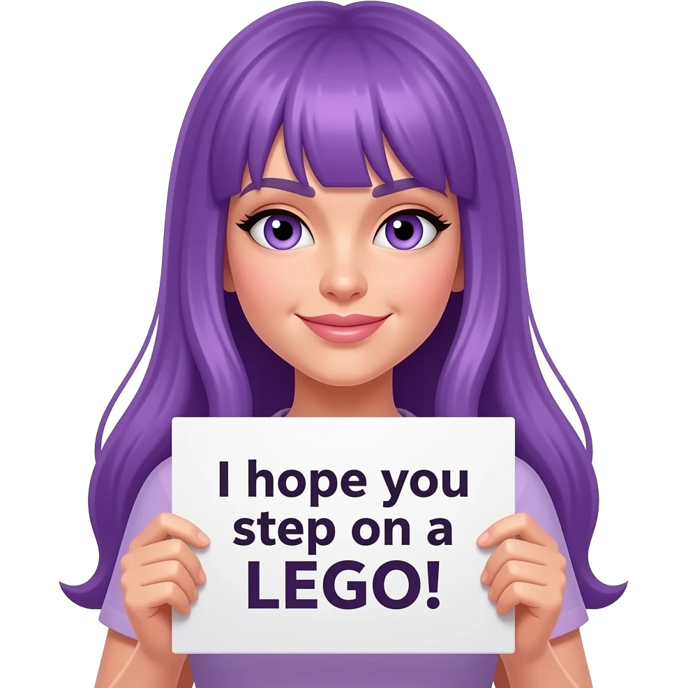 sexy girl with long purple hair and purple eyes holding a I hope you step on a LEGO! sign emoji