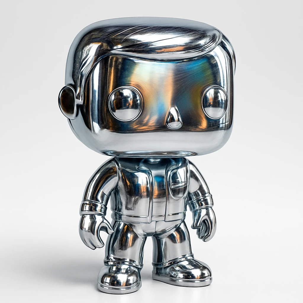 a group of colorful Funko Pop style figures together, shiny chrome finish, vibrant and playful, each figure a different bright color emoji