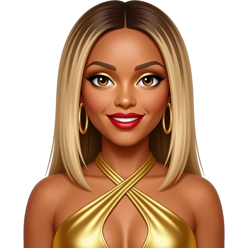 Beyonce from Destiny's Child with hazel eyes, long blonde 90s streaked straight hair, gold eyeshadow, red lipstick, gold metallic halter dress, gold earrings emoji