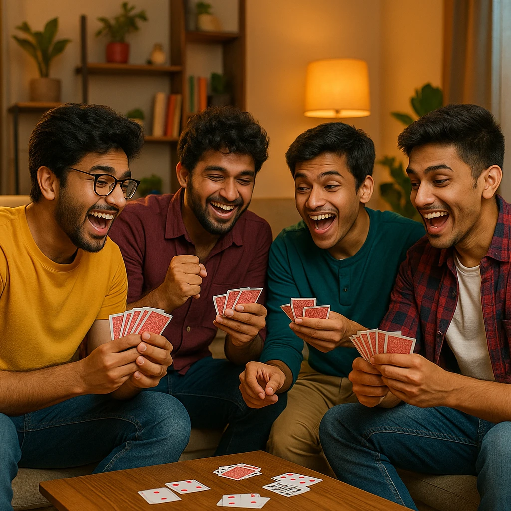 four Indian college boys sitting together, playing cards (tash), casual clothing, lively expressions, indoor setting, vibrant atmosphere emoji