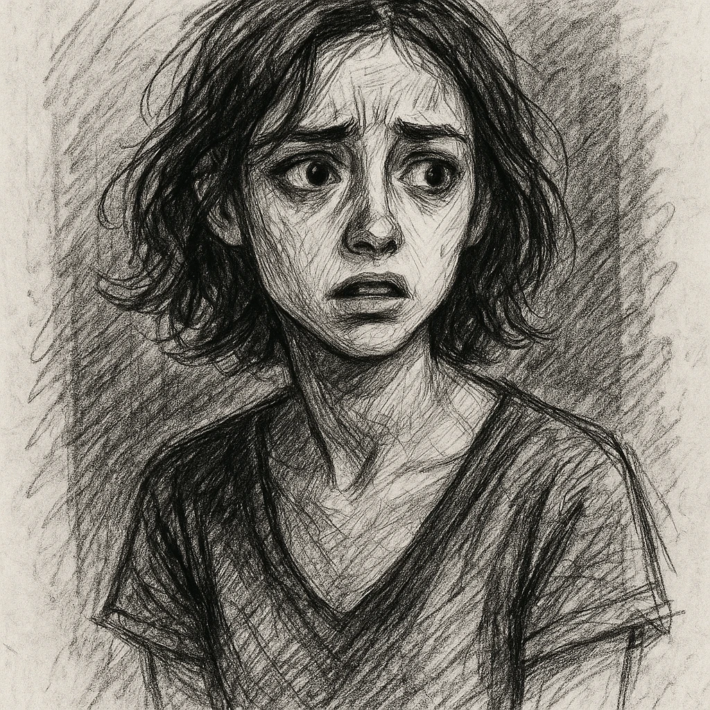a stylish girl with anxious expressions, hand-drawn sketch style, visible pencil lines, emotional face emoji