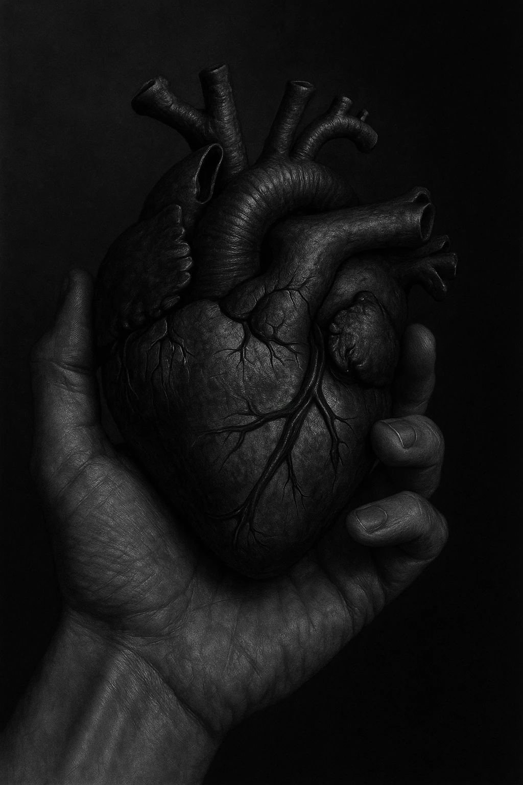 A hand holding a dark monochrome heart, aspect ratio 3x4 emoji