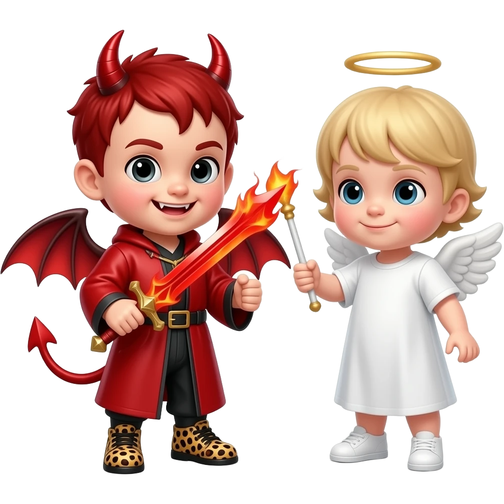 Bebê diabo com cabelo vermelho Asas do diabo rabo do diabo roupe vermelha cara de que tá aprontando algo é dentes do guepardo que foi extinto sapatos legais é rabo vermelho espada vermelha de 3 espinhos no topo é a espada tá pegando fogo lutando contra o anjo bebê que tem uma vara branca emoji