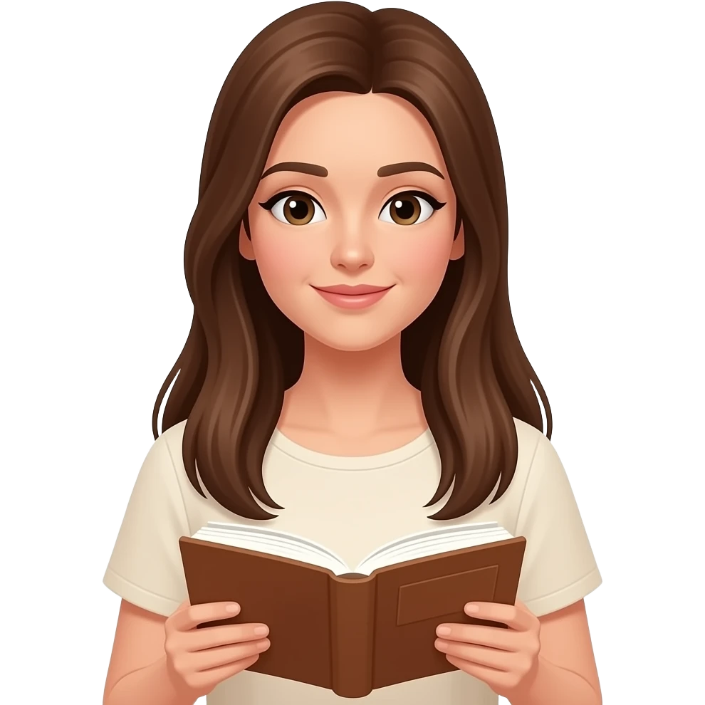 woman with long brown hair straight looking down at a brown book in a cream top emoji