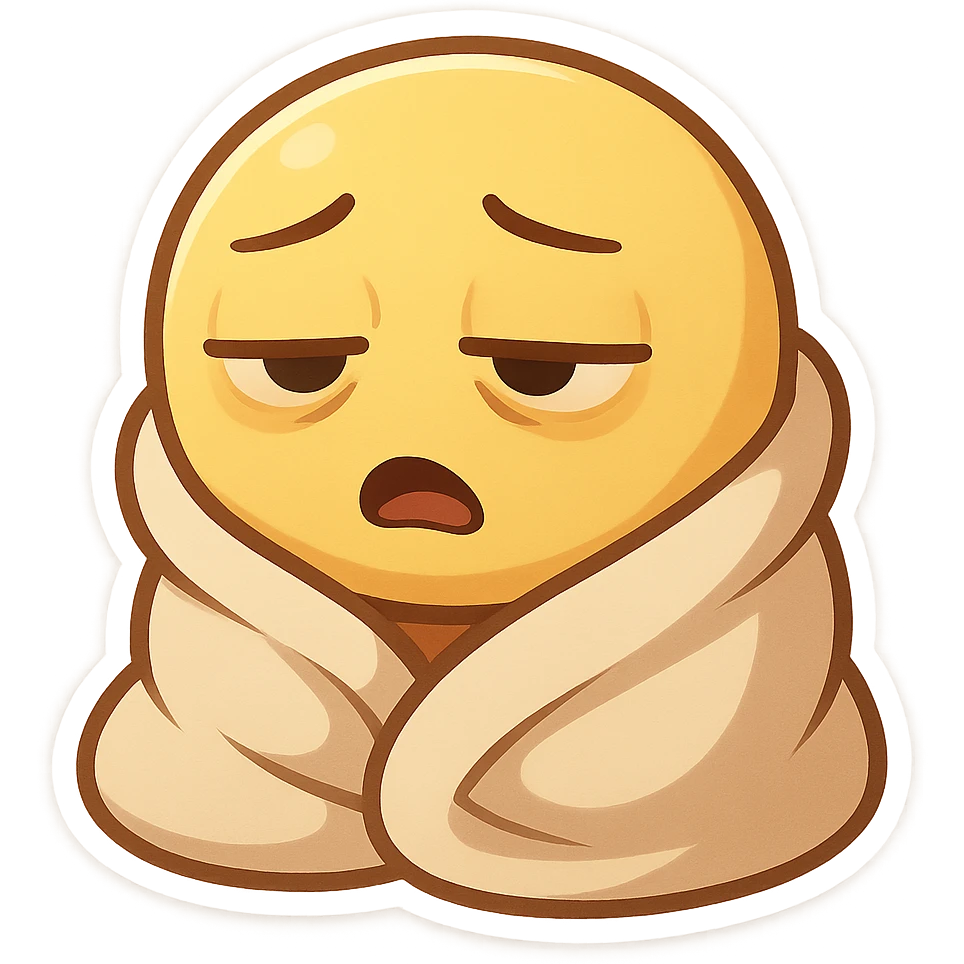 cartoon style emoji of a groggy face, droopy eyelids, wrapped in a blanket, morning look emoji
