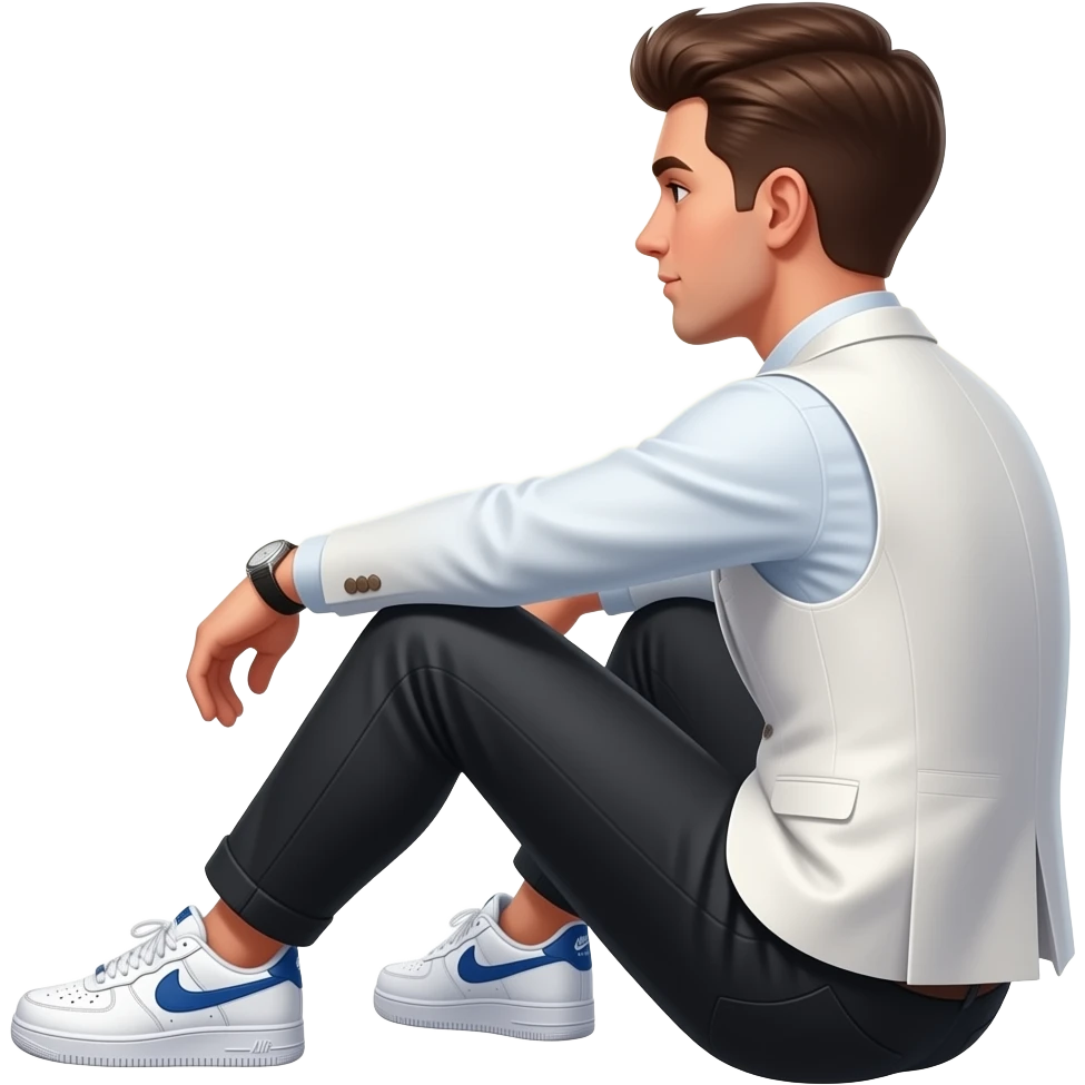A young man wearing a white suit and a vest, she's wearing a black pants, and wearing a white air force 1, and he is wearing a nice watch, and young boy do is drinking a starboks, and sitting in a sun set back view. emoji