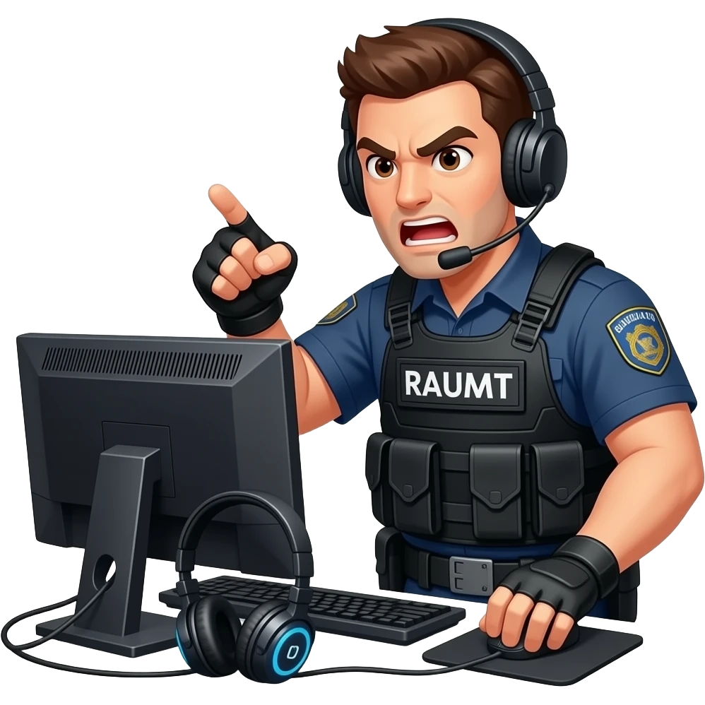 A swat guy that is rageing at a gaming set up emoji