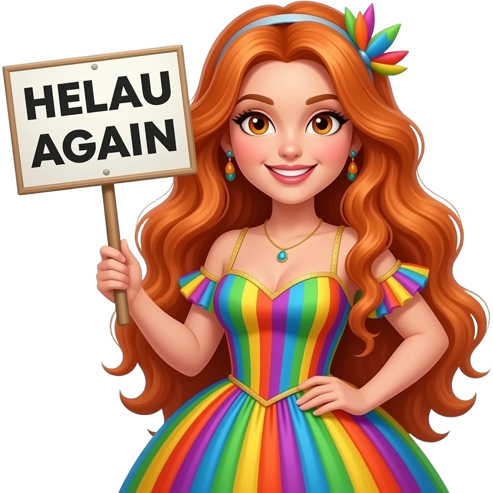 sexy girl with overlong ginger hair and ginger eyes wearing a carneval dress holding a HELAU AGAIN sign emoji