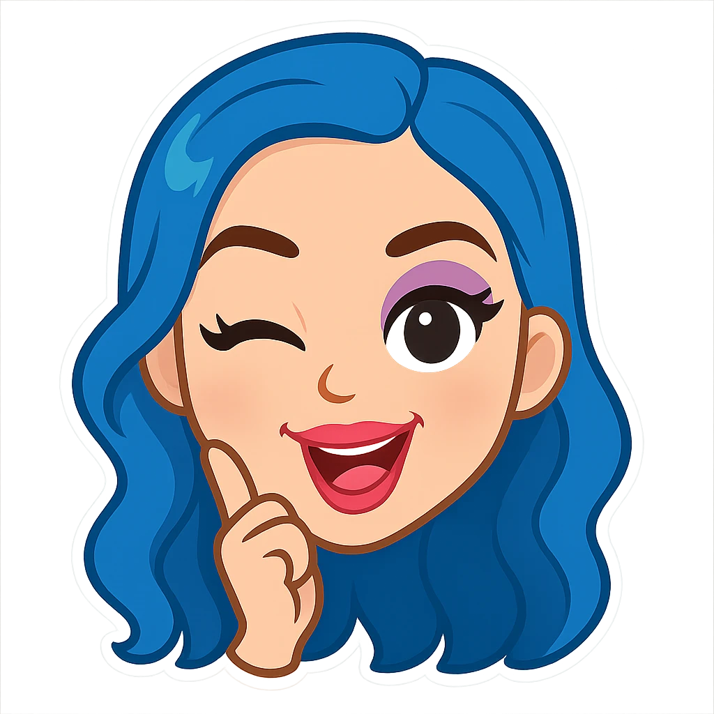 Katy Perry as an emoji, with blue hair and bold makeup, playful expression, no text emoji
