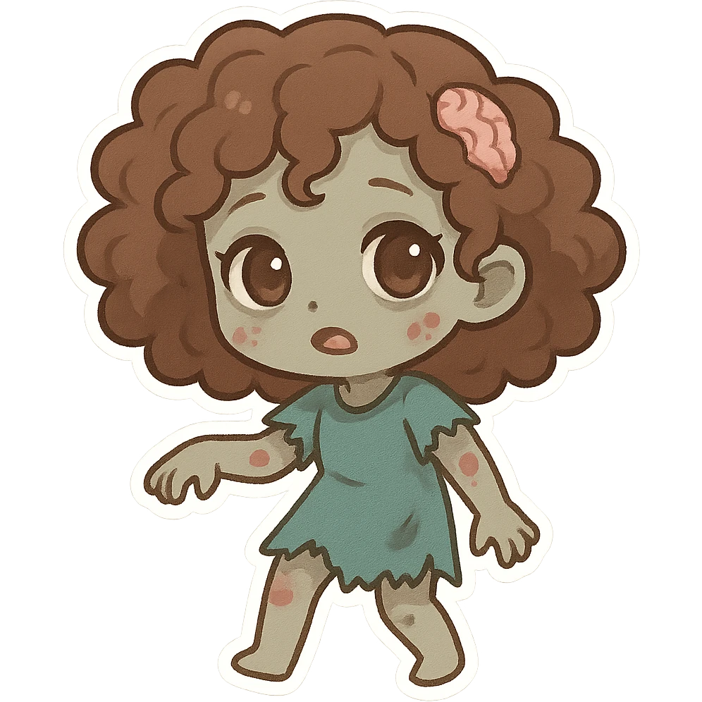 zombie girl with curly brown hair and brown eyes, cute chibi style emoji