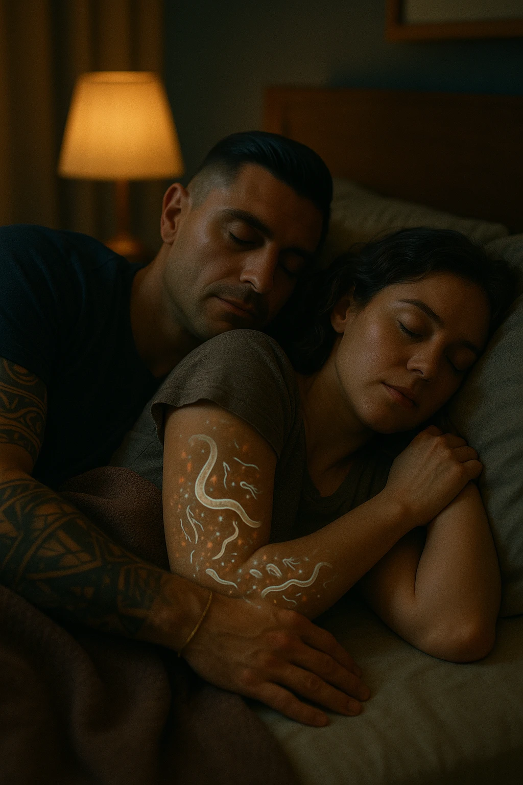 A hyper-realistic, cinematic image of a man and a woman sleeping together in the same bed under soft, dim night lighting, with their bodies close and touching. Their skin appears slightly illuminated where it touches, and under a subtle x-ray style overlay, faint ghostly silhouettes of microscopic parasites and worm-like organisms are visible crawling transdermally between their bodies, symbolizing silent, unnoticed parasite transmission during sleep. The environment is a cozy bedroom with warm tones, but the presence of the glowing parasites creates a slightly unsettling feeling, emphasizing the hidden danger. Their faces are calm, unaware, symbolizing the unconscious nature of the transmission. The image is detailed with a 35mm film hyperrealistic aesthetic, focusing sharply on the point of contact between their skin where the parasites pass, while the background remains softly blurred. The color palette uses muted warm browns and soft moonlight blues to maintain a nighttime, intimate feeling, contrasting with the translucent, glowing parasites to illustrate the hidden risk of transdermal parasite transmission while sharing a bed emoji