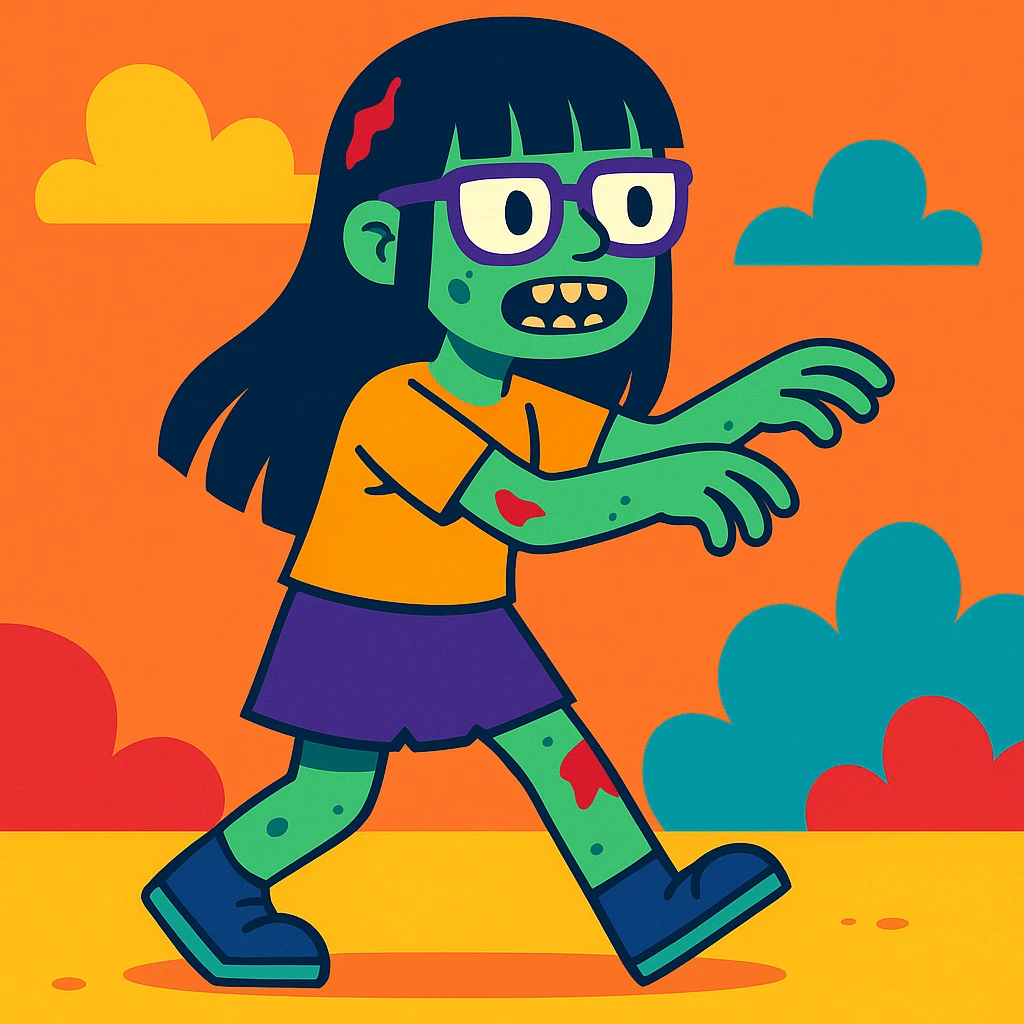 zombie girl with long black hair, bangs, and glasses, colorful cartoon style emoji