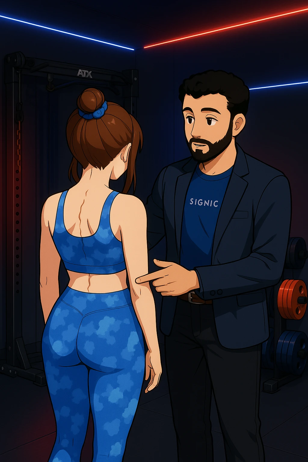ispirati a questo stile di disegno e fai questa immagine in versione manga/webtoon a colori, il manga mostra la donna di spalle, mentre l'uomo le tocca la spina dorsale per spiegarle come funziona la scoliosi:
Con una scoliosi il baricentro corporeo cade maggiormente da un lato; per non cadere la schiena compensa accumulando tensione sul fianco opposto.
Il risultato? Si inclina e ruota sempre più, fino a che non cede (discopatie, artrosi, ecc) emoji