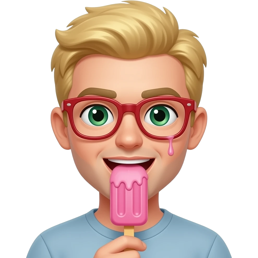 Gryzienie loda na patyku w kolorze różowym językiem włosy blond zielone oczy i okulary w kolorze czerwonym, kapiąca ślina emoji
