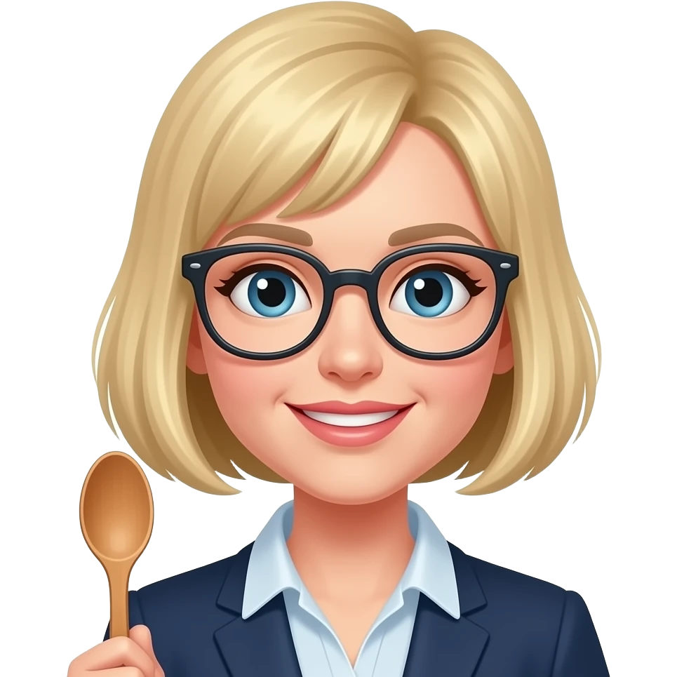blonde woman, glasses, wooden spoon, pixie haircut emoji
