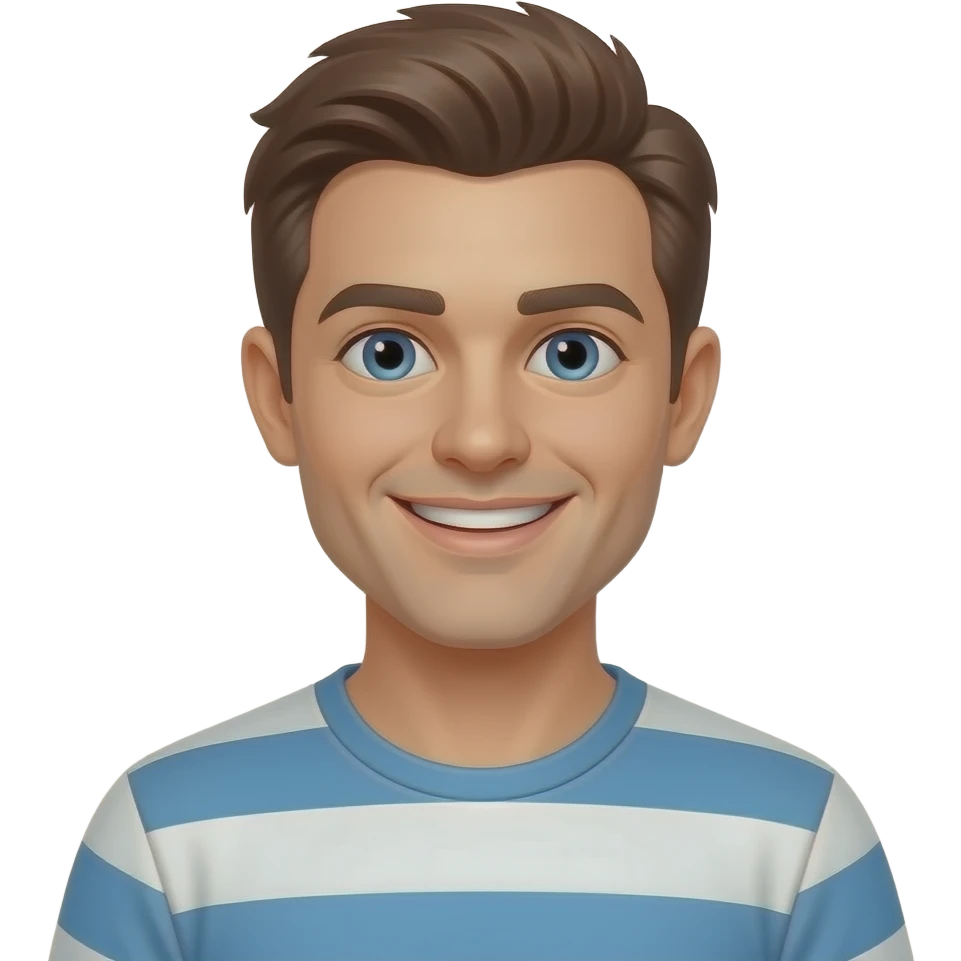 30 year old man smiling with blue eyes and brown hair in t-shirt emoji