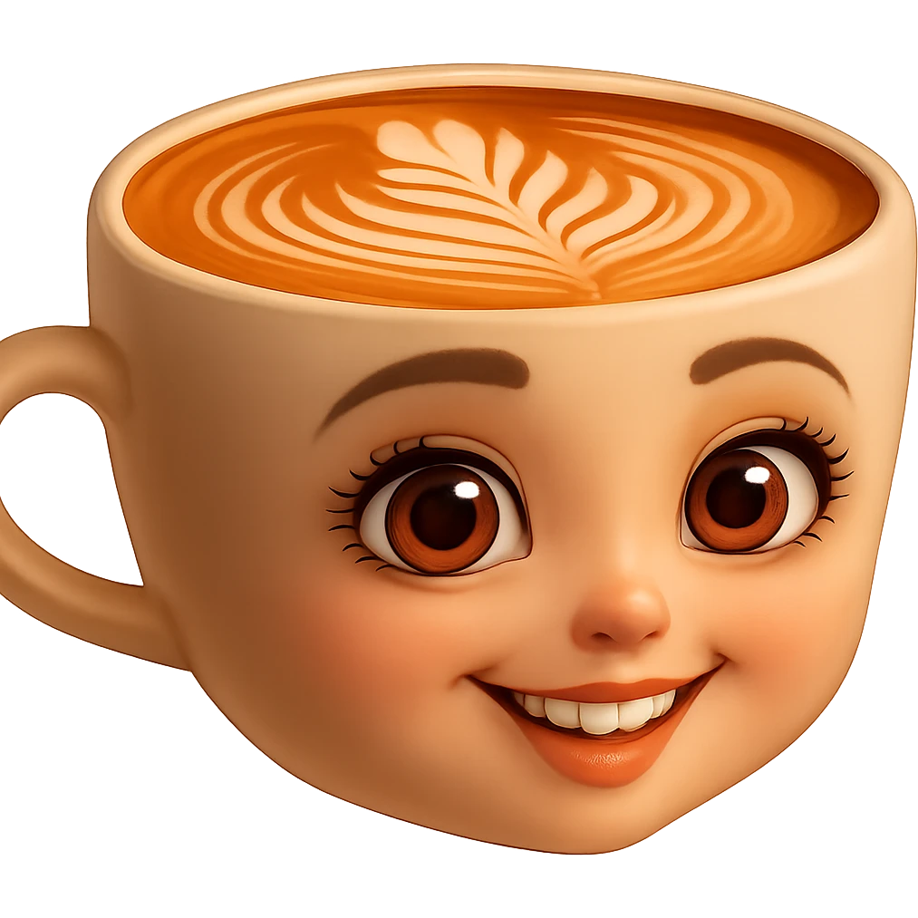 Edita la imagen para que el personaje de la taza de café  MANTENGA exactamente su estilo original,  y colores según la imagen de referencia. ELIMINA FONDO PARA QUE QUEDE TIPO EMOJI NO DBE TENER CUELLO.EL AZA O MANGA DE LA TAZA  DEBE SER COMPLETAMENTE VISIBLE emoji