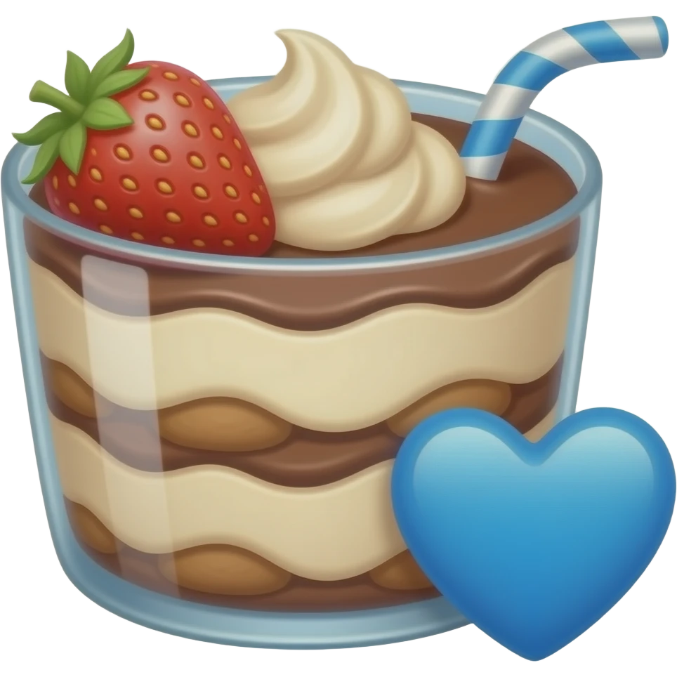 basic cocoa tiramisu with a strawberry in a large glass and with 🩵 emoji