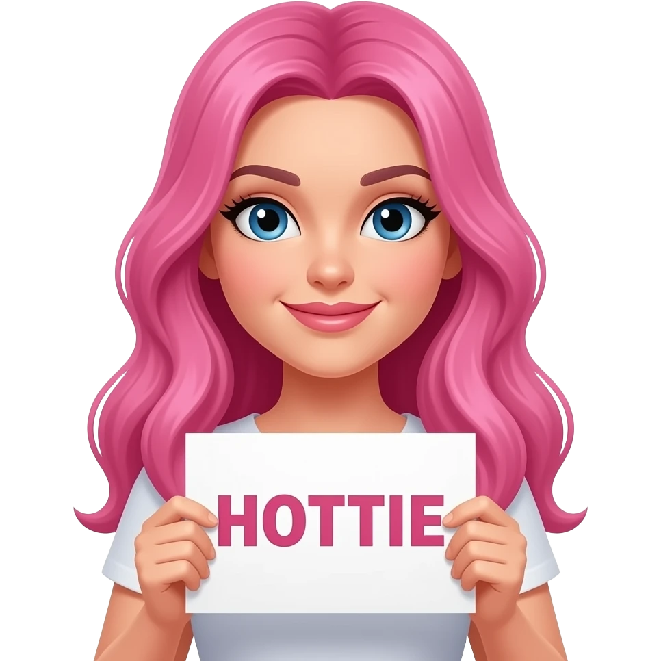sexy girl with long pink hair holding a HOTTIE sign emoji