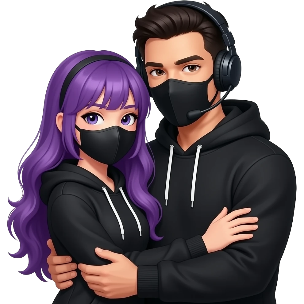 sexy girl with long purple hair and purple wearing in a black hoodie with a black mask is get hugged from an blackhaired attractive man in a black hoodie with a black mask and a headset emoji