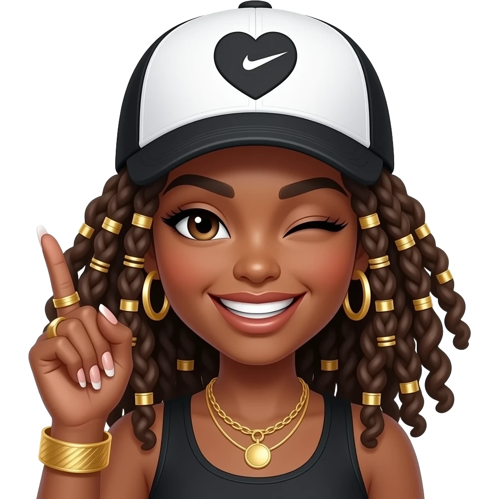 girl wearing a black & white trucker cap plain dreads,curly ends, gold hair charms & accessories. big sneaky smile winking one eye the other  closed. one hand showing, long nails French manicure, gold M ring,  gold thumb ring, had a gold bangle bracelet baddie energy emoji