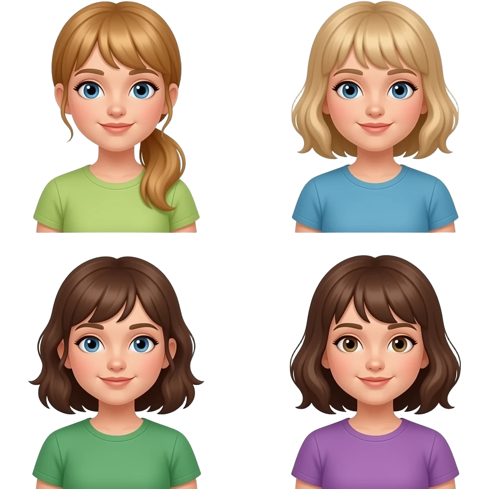 girl blonde hair and blue eyes, girl with light brown hair in ponytail with bangs and blue eyes, boy with light brown hair and blue eyes and green tshirt, girl dark brown shoulder length hair and brown eyes and a purple tshirt emoji