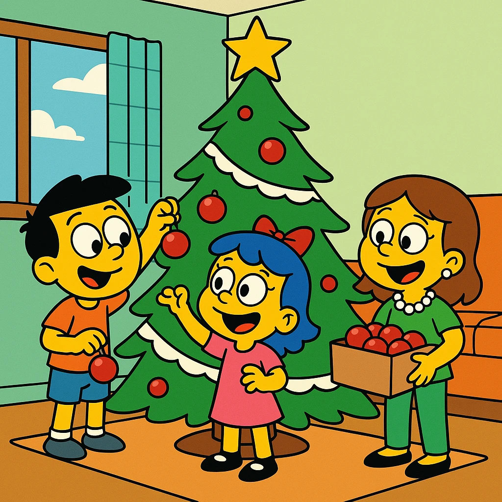 little children decorating a Christmas tree in the living room emoji