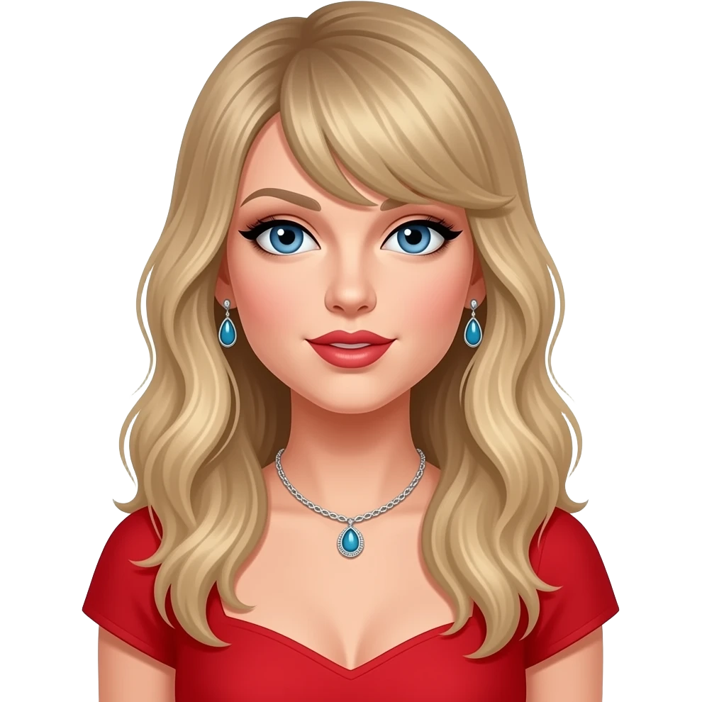 Taylor Swift with blue eyes, long blonde hair, red pop dress, necklace and earrings emoji