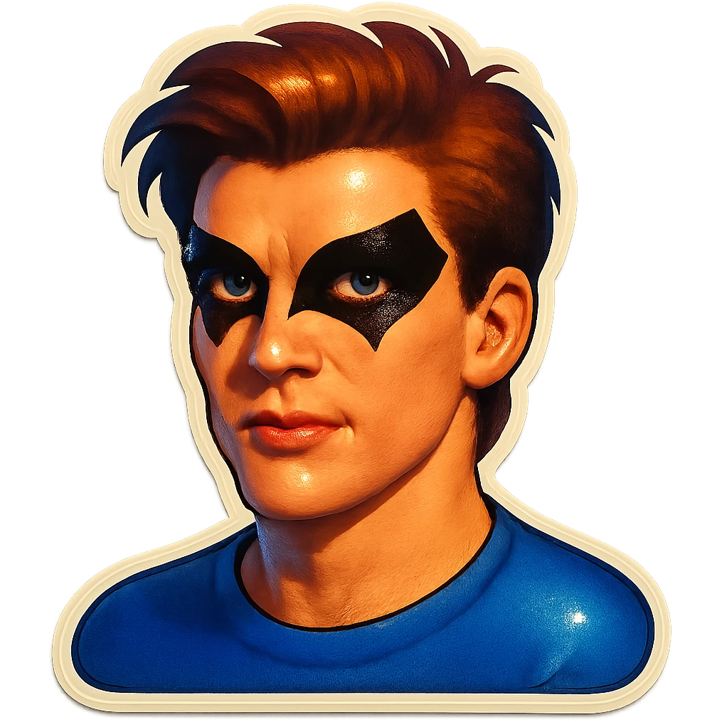 non-female subject with emphasized black, angular eye makeup, retro sticker style, subject inside image borders, high quality emoji