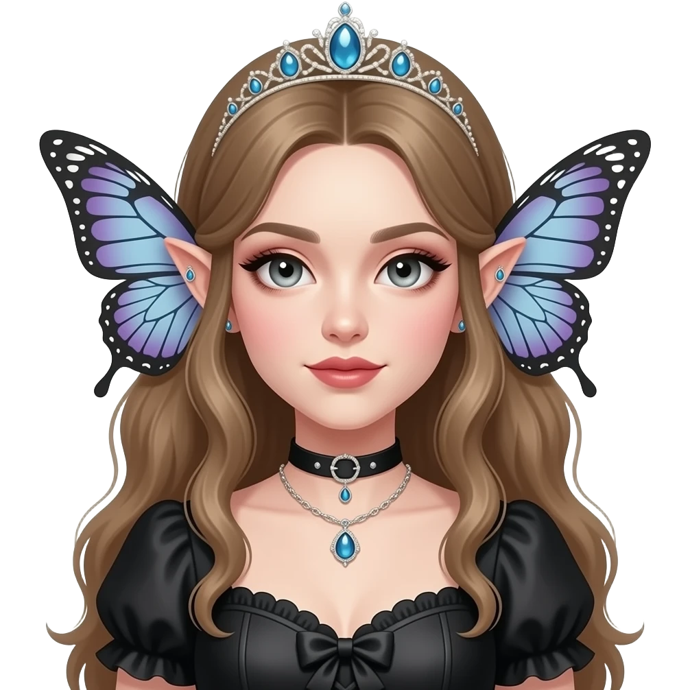 Cottagecore shiny gorgeous realistic sweet beautiful romantic aesthetic vogue tomboy gothic super model anime lady with elvish butterfly-ears, dress, necklace, tiara, ear cuffs emoji