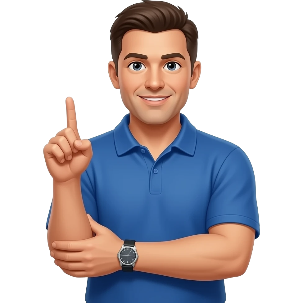 football coach in a blue shirt pointing one finger to his other arm emoji