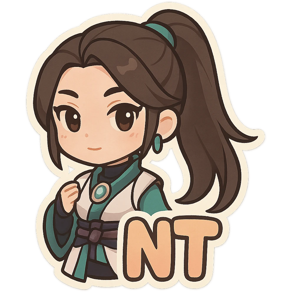 chibi version of Sage from Valorant, with the word 'NT' at the bottom, sticker style emoji