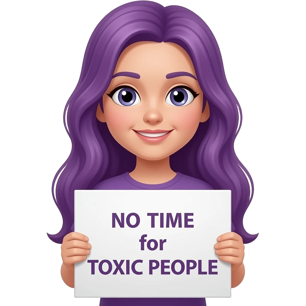 girl with long purple hair holding a NO TIME for TOXIC PEOPLE sign emoji