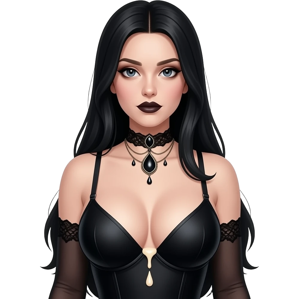 Sexy gothic woman with Really massive sexy boobs nursting out of a black bra with cream droplets dripping off of it. emoji